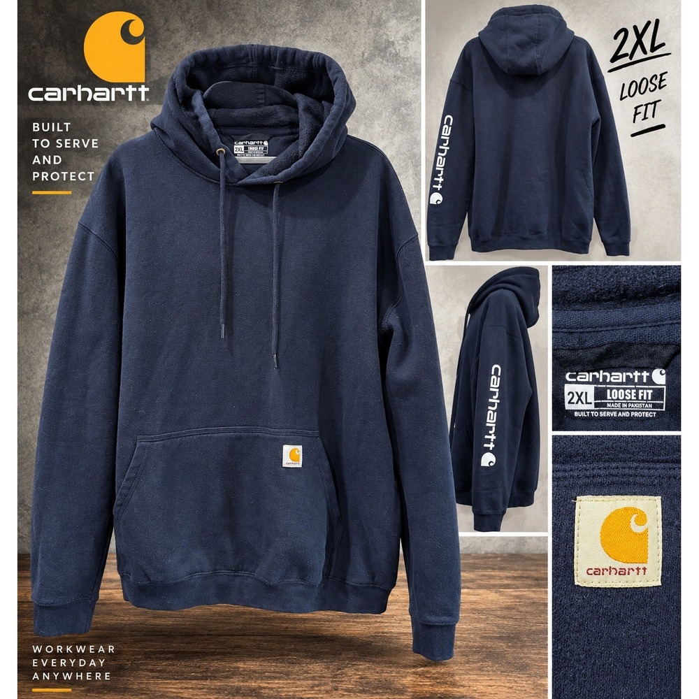 Carhartt Loose Fit Midweight Logo Sleeve Hoodie Navy Blue 2XL Mens Workwear